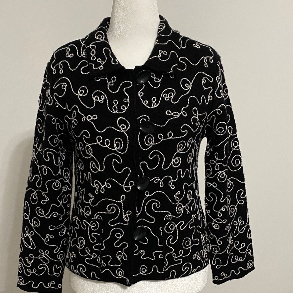 Boiled Wool Sweater Jacket With Embroidered Swirl Design